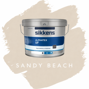 Flexa Sandy Beach muurverf gemengd in Sikkens Alphatex SF warme zandkleur op muur