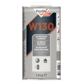 Polyfilla Pro W130 Polyesterplamuur. Binnen, voor het plamuren van oneffenheden en beschadigingen in houten en metalen en polyester ondergronden en goed hechtende oude verflagen.
