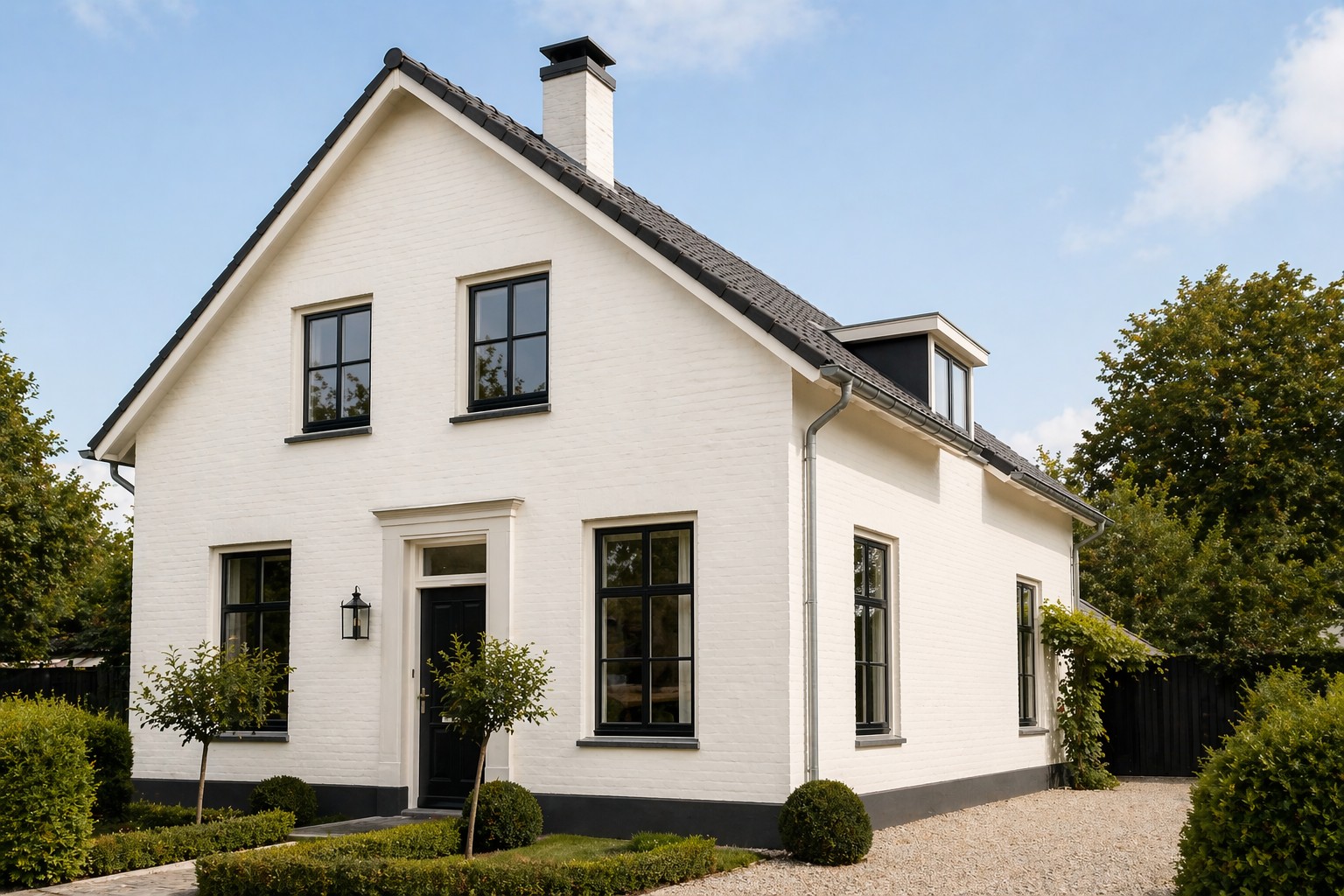 Woning met gevel geschilderd in RAL 9010 witte muurverf
