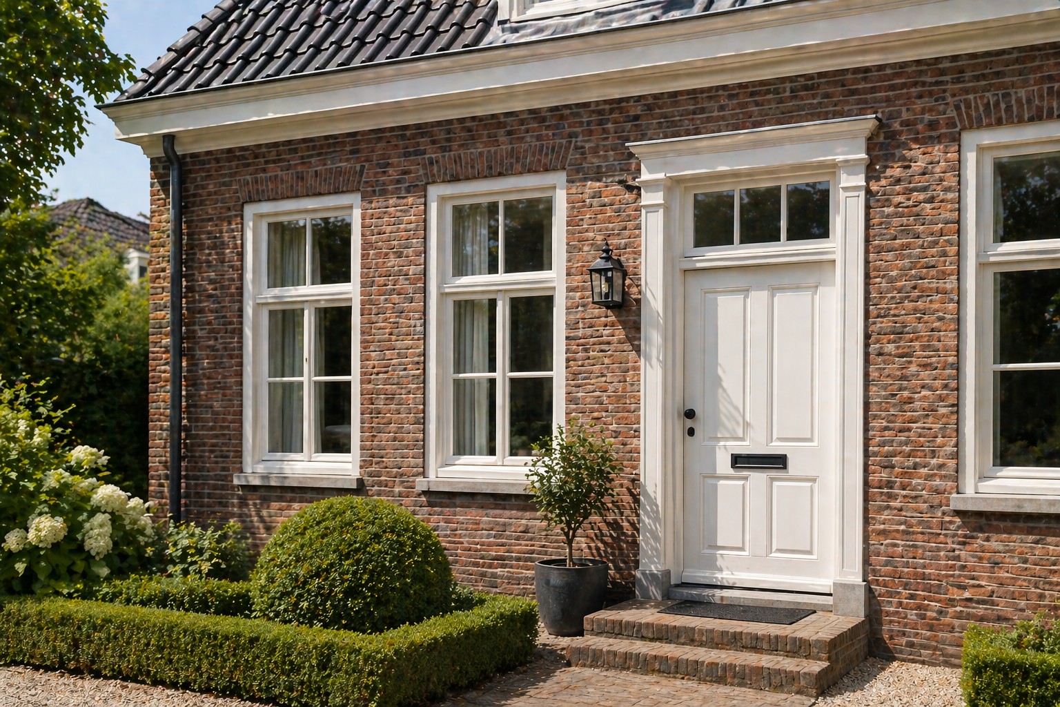 Bakstenen huis met RAL 9010 geschilderde kozijnen en voordeur