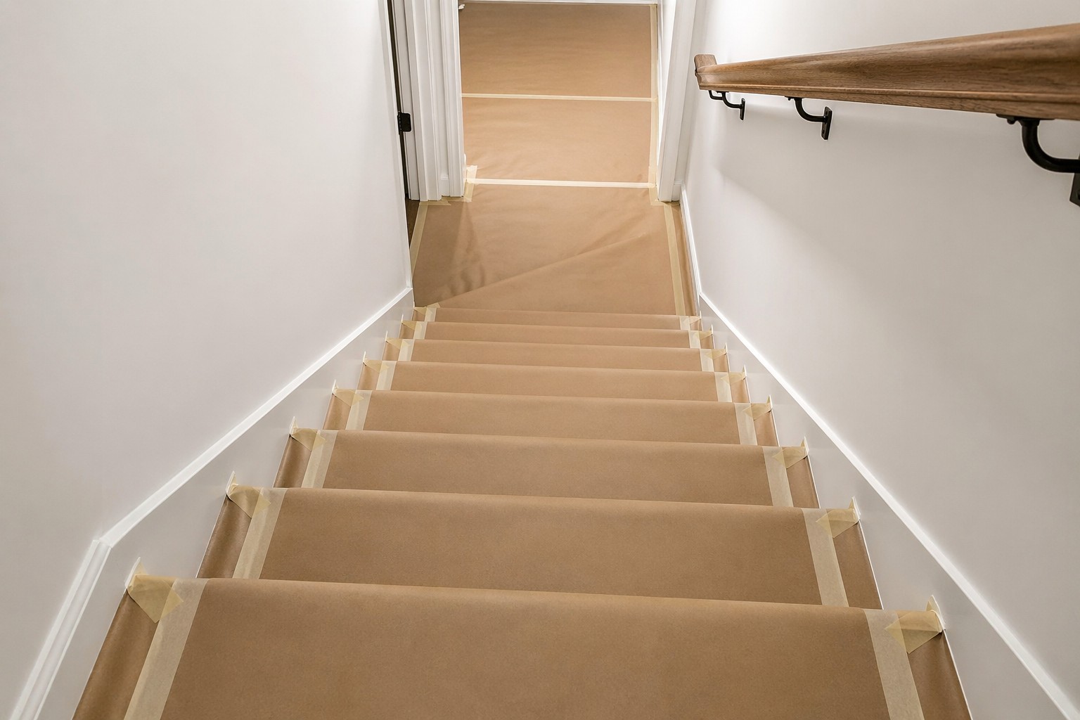Trap afgedekt met afdekpapier en schilderstape ter voorbereiding op het schilderen en beschermen tegen verfspatten